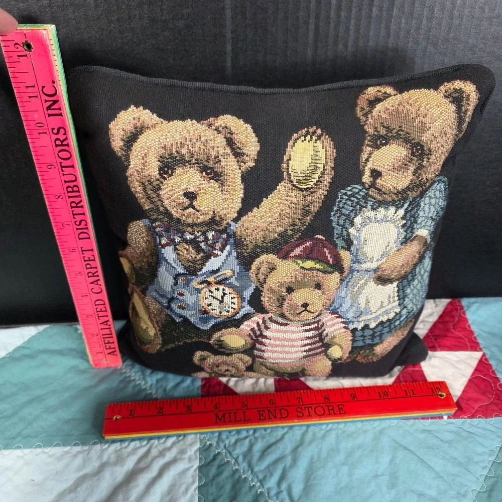 Dakotah‎ Vintage Woven Tapestry Teddy Bear Family Throw Pillow 12x12 Black Trim